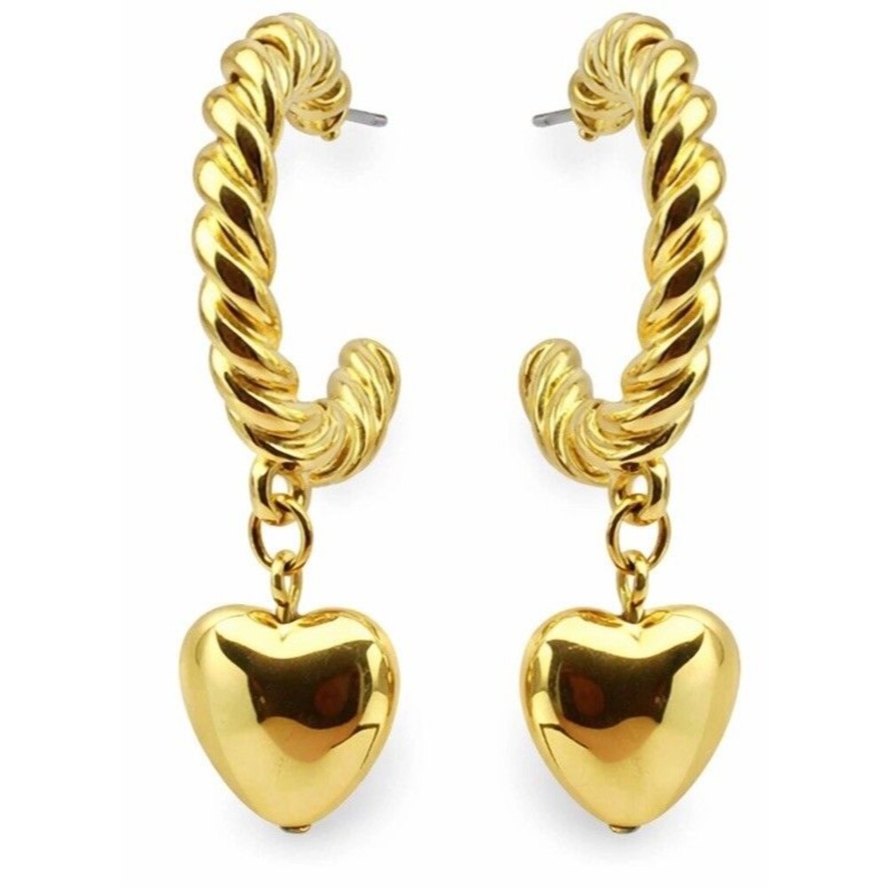 Vintage Gold Tone Twisted Rope Hoop Earrings Puffy Heart Dangle Drop 1980s